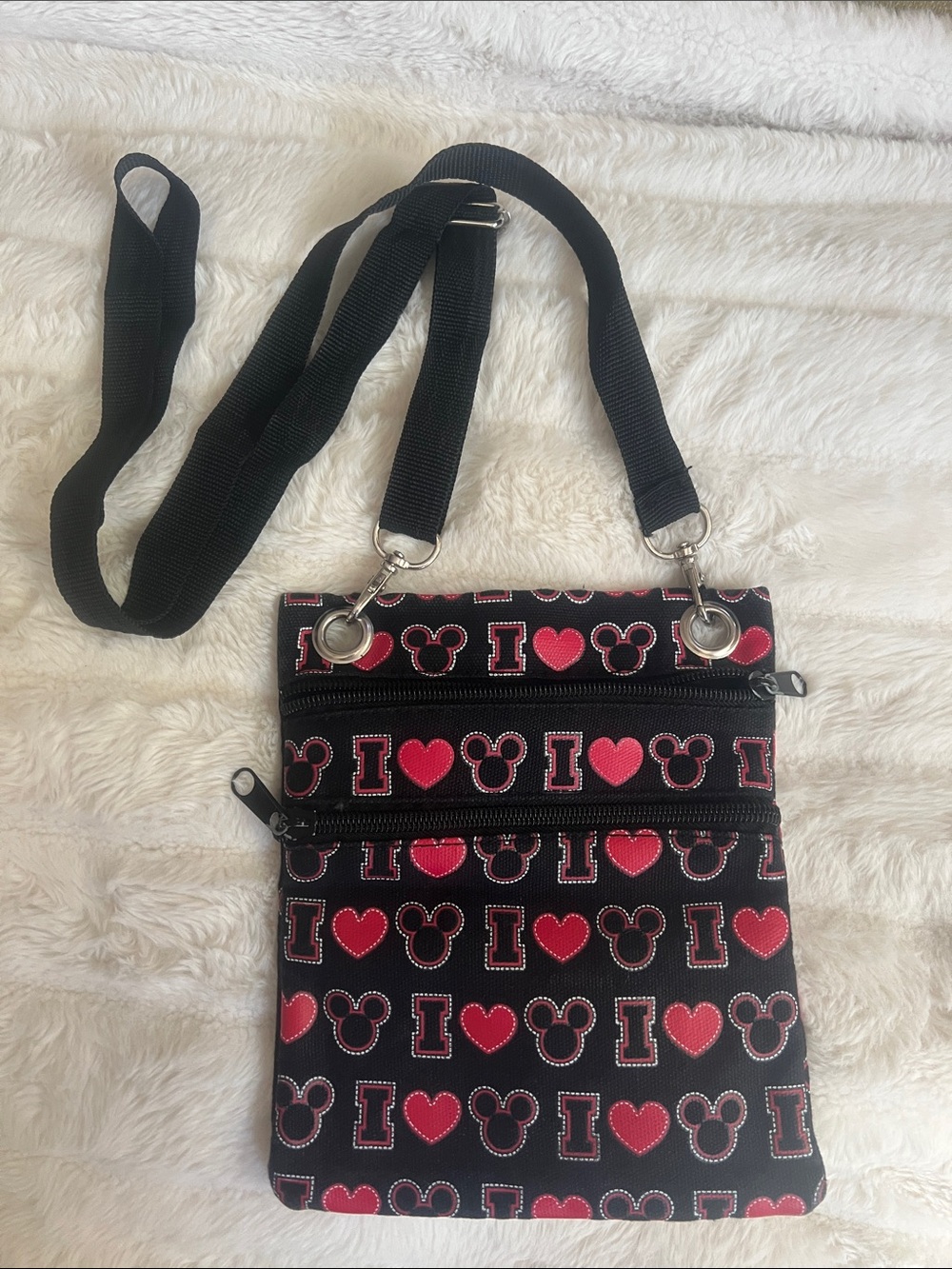 Disney Black Crossbody with Red & Pink Heart and Mickey Print